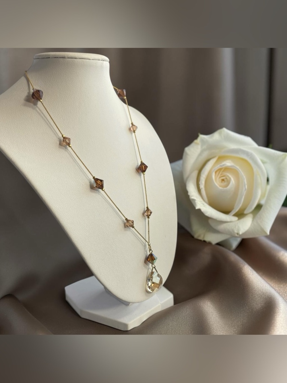 Gold Tone Aurora Borealis Crystal Y Necklace Champagne Drop Pendant